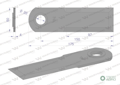 Nóż obrotowy rozdrabniacz słomy sieczkarnia gładki 175x50x4mm otwór 20 z tuleją zastosowanie 755787.1 New Holland WARYŃSKI ( spr