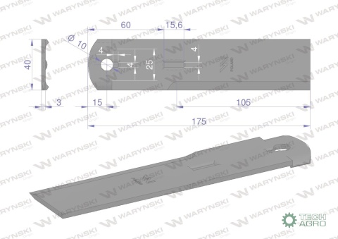 Nóż stały rozdrabniacz słomy sieczkarnia 175x40x3mm otwór 10 zastosowanie 1322233C2 525115 Dronningborg Case MF WARYŃSKI ( sprze