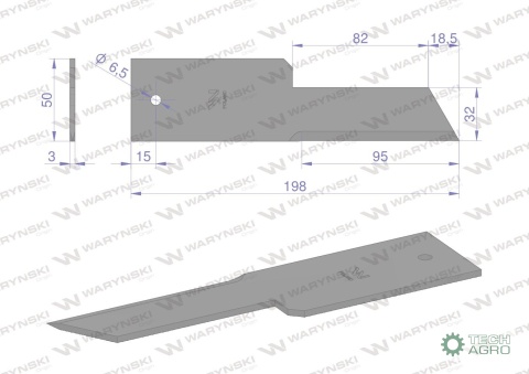 Nóż stały rozdrabniacz słomy sieczkarnia 198x50x3mm otwór 6.5 zastosowanie Z59020 280900Z John Deere WARYŃSKI ( sprzedawane po 2