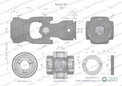 Przegub kompletny z krzyżakiem 27X82 seria 4 do rury wewnętrznej 45mm Waryński
