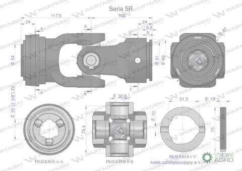 Przegub kompletny z krzyżakiem 30.2X79.4 seria 5 do rury zewnętrznej 51.5mm Waryński