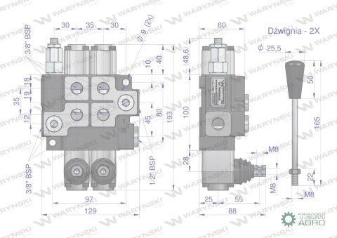 Rozdzielacz hydrauliczny 2-sekcyjny maxprzepływ 40L z zatrzaskami Waryński