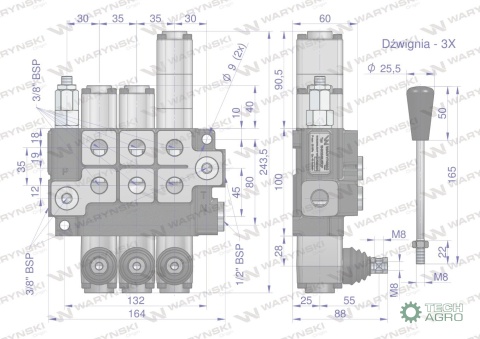 Rozdzielacz hydrauliczny 3-sekcyjny maxprzepływ 40L 1-sekcja pływająca Waryński