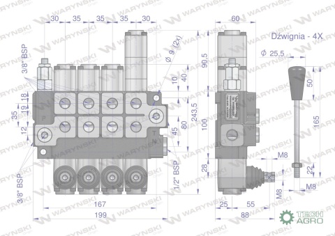 Rozdzielacz hydrauliczny 4-sekcyjny maxprzepływ 40L (1-sekcja pływająca) Waryński