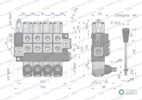 Rozdzielacz hydrauliczny 4-sekcyjny maxprzepływ 40L (1 sekcja z zatrzaskiem) Waryński