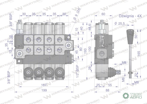 Rozdzielacz hydrauliczny 4-sekcyjny maxprzepływ 40L (4-sekcje z zatrzaskiem) Waryński