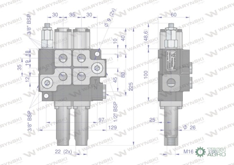 Rozdzielacz hydrauliczny dwusekcyjny (2) 40L sterowany joystickiem Waryński
