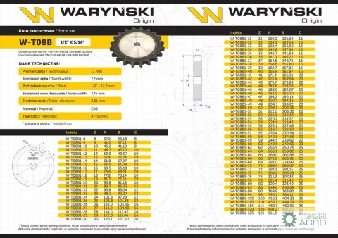 Koło zębate hartowane tarcza 08B-1 (R1 1/2) Z-9 Waryński
