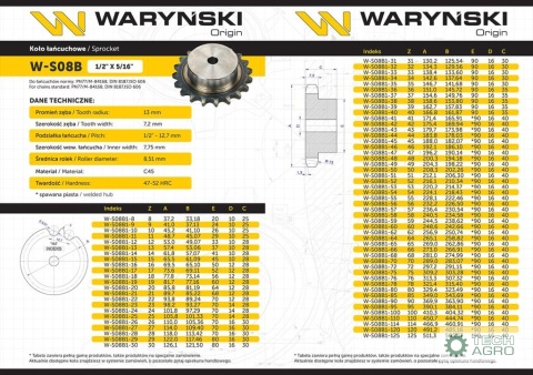 Koło zębate hartowane z kołnierzem 08B-1 (R1 1/2) Z-21 Waryński