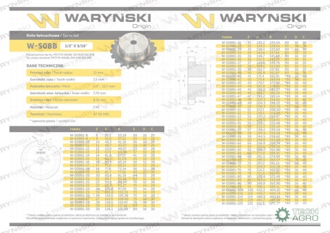 Koło zębate hartowane z kołnierzem 08B-1 (R1 1/2) Z-26 Waryński