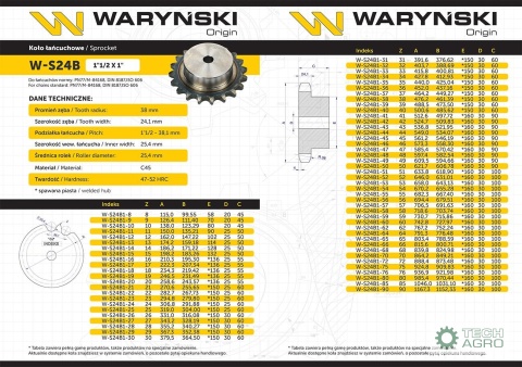 Koło zębate hartowane z kołnierzem 24B-1 (R1 1.1/2) Z-24 Waryński