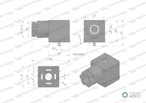 Wtyczka elektryczna (czarna) 12V 24V (SP666) do zasilania cewek elektromagnetycznych z uszczelką Waryński