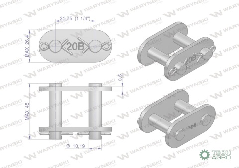 Zamek łańcucha prosta płytka Z20B-1 (R11.1/4) Waryński ( sprzedawane po 5 )