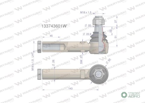 Przegub kierowniczy 143mm - 18x1,5L 133743601 WARYŃSKI Przegub kierowniczy 143mm - 18x1,5L 133743601 WARYŃSKI