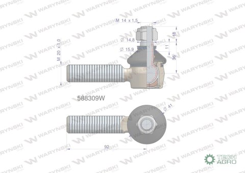 Przegub kierowniczy 92mm- M20x1,0 588309 WARYŃSKI Przegub kierowniczy 92mm- M20x1,0 588309 WARYŃSKI