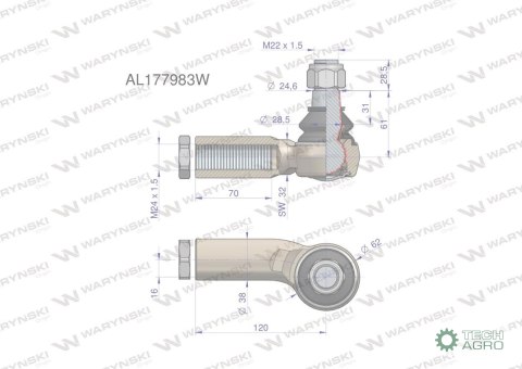 Przegub kierowniczy lewy 120mm - M24x1,5 AL177983 WARYŃSKI Przegub kierowniczy lewy 120mm - M24x1,5 AL177983 WARYŃSKI