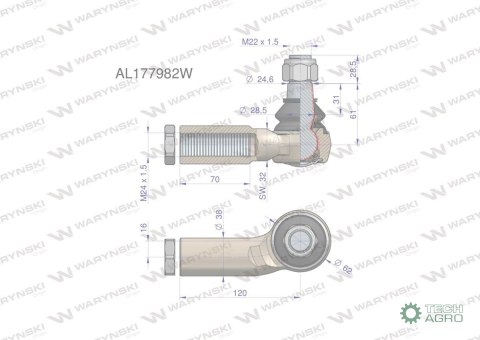 Przegub kierowniczy prawy 120mm - M24x1,5 AL177982 WARYŃSKI Przegub kierowniczy prawy 120mm - M24x1,5 AL177982 WARYŃSKI