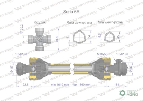 Wał przegubowo-teleskopowy 1010-1560mm 830Nm sprzęgło z kołkiem 2500Nm CE 2020 seria 6R WARYŃSKI