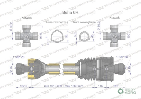 Wał przegubowo-teleskopowy 1010-1560mm 830Nm szerokokątny CE 2020 seria 6R WARYŃSKI