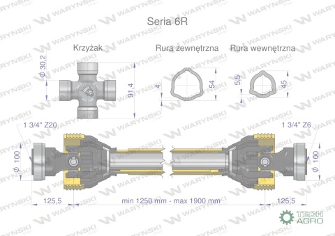 Wał przegubowo-teleskopowy 1250-1900mm 830Nm Z20 - 1 3/4 z drugiej stron Z6 - 1 3/4 CE 2020 seria 6R Waryński