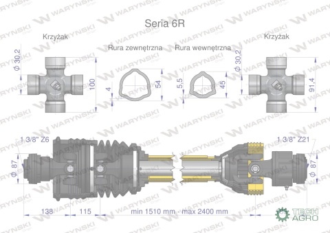 Wał przegubowo-teleskopowy 1510-2400mm 830Nm szerokokątny dr.st. sprzęgło jednokierunkowe Z21 CE 2020 seria 6R Waryński