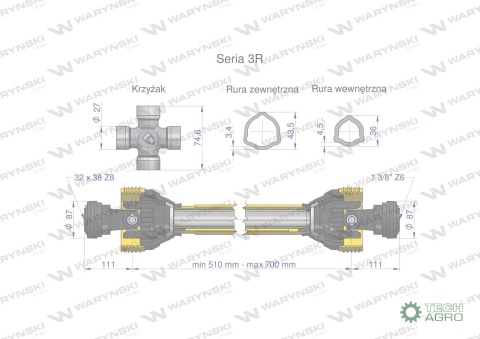 Wał przegubowo-teleskopowy 510-700mm 460Nm 32X38 Z8 rosyjski 50210 CE 2020 seria 3R WARYŃSKI