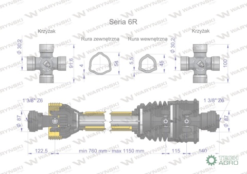 Wał przegubowo-teleskopowy 760-1150mm 830Nm szerokokątny CE 2020 seria 6R WARYŃSKI