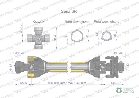 Wał przegubowo-teleskopowy 860-1250mm 830Nm sprzęgło cierne 1200Nm CE 2020 seria 6R WARYŃSKI