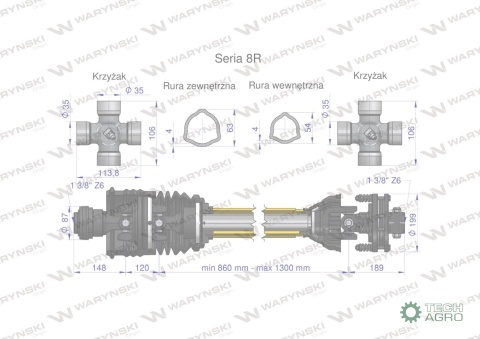 Wał przegubowo-teleskopowy 860-1300mm 1240Nm szerokokątny sprzęgło cierne 2000Nm CE 2020 seria 8R Waryński