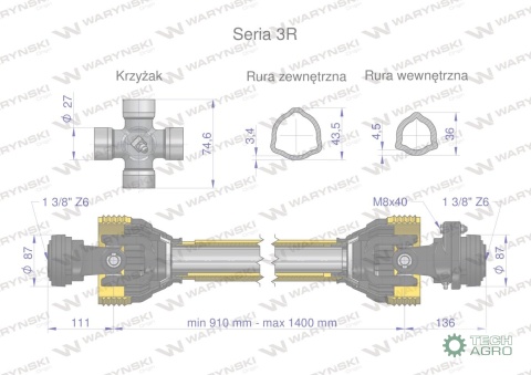 Wał przegubowo-teleskopowy 910-1400mm 460Nm sprzęgło z kołkiem 1400Nm CE 2020 seria 3R WARYŃSKI