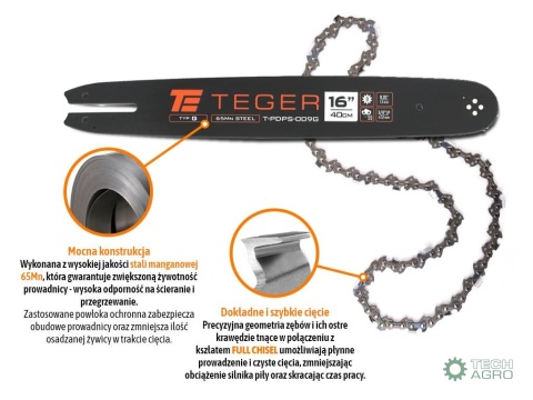 Zestaw tnący, 16" (40 cm) prowadnica + łańcuch, 3/8", 1,3 mm, 55 og., 9z, moc. G, Teger