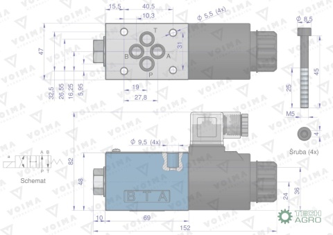 Rozdzielacz (elektrozawór CETOP 3 NG6) 2-pozycyjny 50L suwak "C" (cewka x1) 12V VOIMA