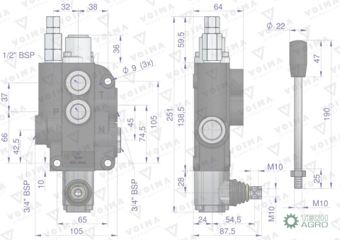 Rozdzielacz hydrauliczny 1-sekcyjny 80Lz zatrzaskiem VOIMA