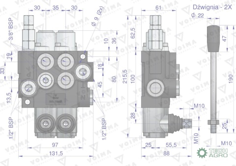 Rozdzielacz hydrauliczny 2-sekcyjny 40L(1-sekcja nurnikowa) VOIMA