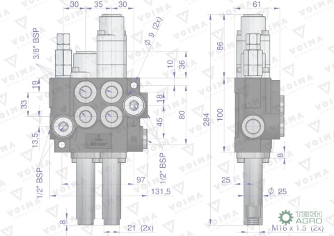 Rozdzielacz hydrauliczny 2-sekcyjny 40L(1-sekcja pływająca) sterowany na linkę VOIMA