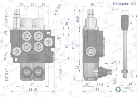 Rozdzielacz hydrauliczny 2-sekcyjny 40Lz zatrzaskami VOIMA