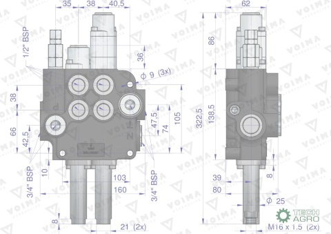 Rozdzielacz hydrauliczny 2-sekcyjny 80L(1-sekcja pływająca) sterowany na linkę VOIMA