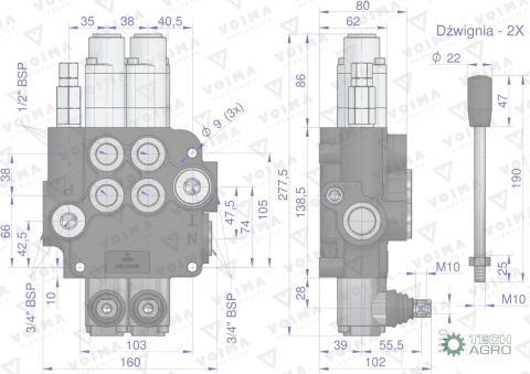 Rozdzielacz hydrauliczny 2-sekcyjny 80L(2-sekcje pływające) VOIMA