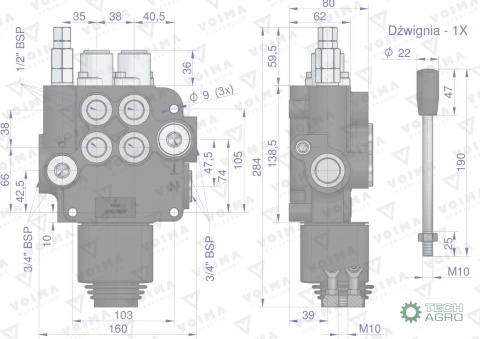 Rozdzielacz hydrauliczny 2-sekcyjny 80Lz joystickiem VOIMA