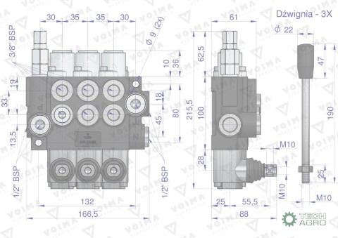 Rozdzielacz hydrauliczny 3-sekcyjny 40L(1-sekcja nurnikowa) VOIMA