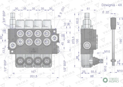 Rozdzielacz hydrauliczny 4-sekcyjny 40L(1-sekcja nurnikowa) VOIMA