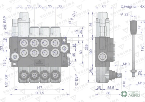 Rozdzielacz hydrauliczny 4-sekcyjny 40L(1-sekcja pływająca) VOIMA