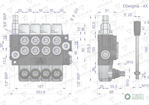 Rozdzielacz hydrauliczny 4-sekcyjny 40L(4-sekcje z zatrzaskiem) VOIMA