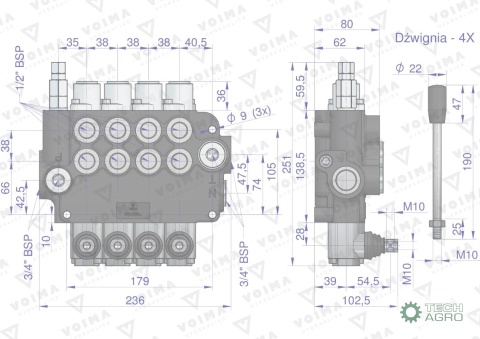 Rozdzielacz hydrauliczny 4-sekcyjny 80LVOIMA