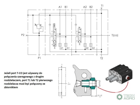 Rozdzielacz hydrauliczny do ładowaczy czołowych 2-sekcyjny (1 x sekcja pływająca) max przepływ 90L - sterowany na linkę i joy
