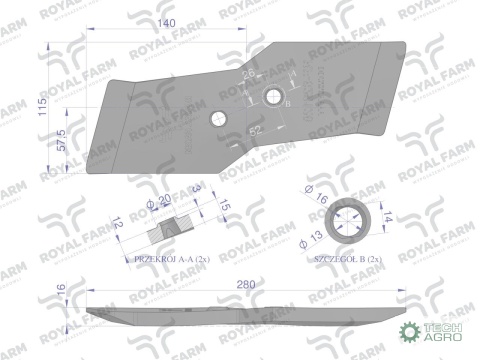 Dłuto prawe, nakładka lemiesza obracalna prawa 12mm zastosowanie Kuhn stal borowa, Royal Farm