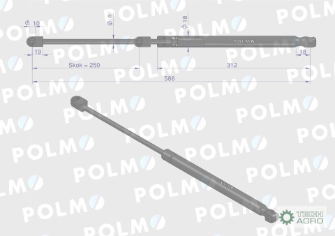 Siłownik szyby przedniej tylnej drzwi Lmax. 586mm AL71414P DEUTZ POLMO