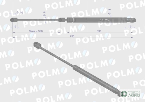 Siłownik szyby tylnej L max. 740mm AL66991P JOHN DEERE POLMO