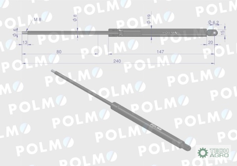 Siłownik szyby tylnej. szyberdachu L max. 240mm 65412022 JOHN DEERE POLMO