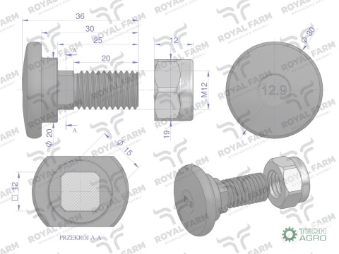 Śruba nożyka kpl. M12x35 zastosowanie Taarup Kverneland ROYAL FARM 56403100 (sprzedawane po 10)